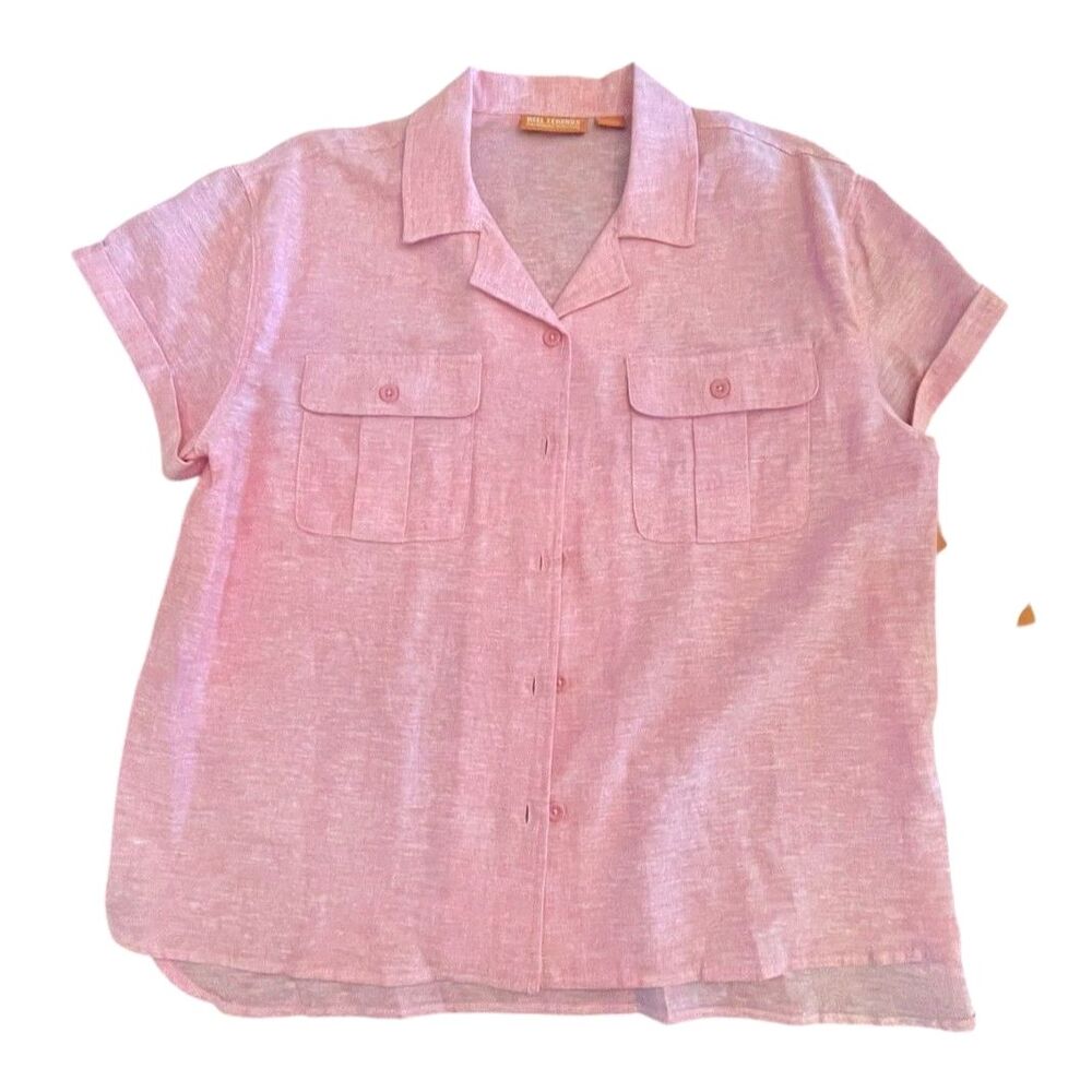 Pink Linen Cotton Casual Button Down Shirt Sz L Short Sleeves Coastal Summer NWT